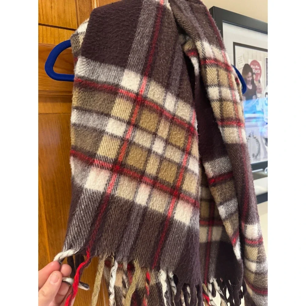 Faribault Woolen‎ Mill Faribo Plaid Blanket scarf Burgundy Tan Fringe USA Made